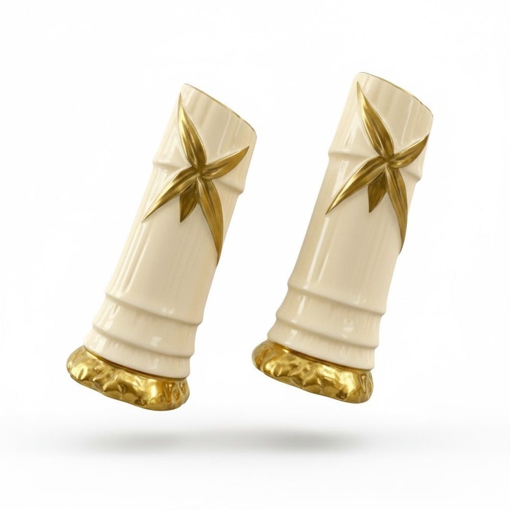 Pair of Antique Royal Worcester Bamboo Bud Vases 1049 Cream and Gold